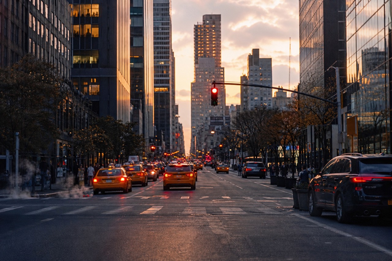 Late afternoon light down a wide Midtown Manhattan avenue, yellow cabs stacked at a red light, glass towers catching orange sky above steam drifting from a manhole