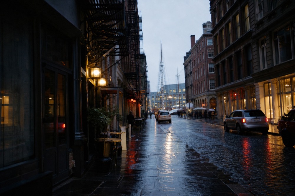 A cobbled downtown side street after rain in winter, cast-iron fire escapes overhead, warm restaurant light spilling across dark wet stones at dusk