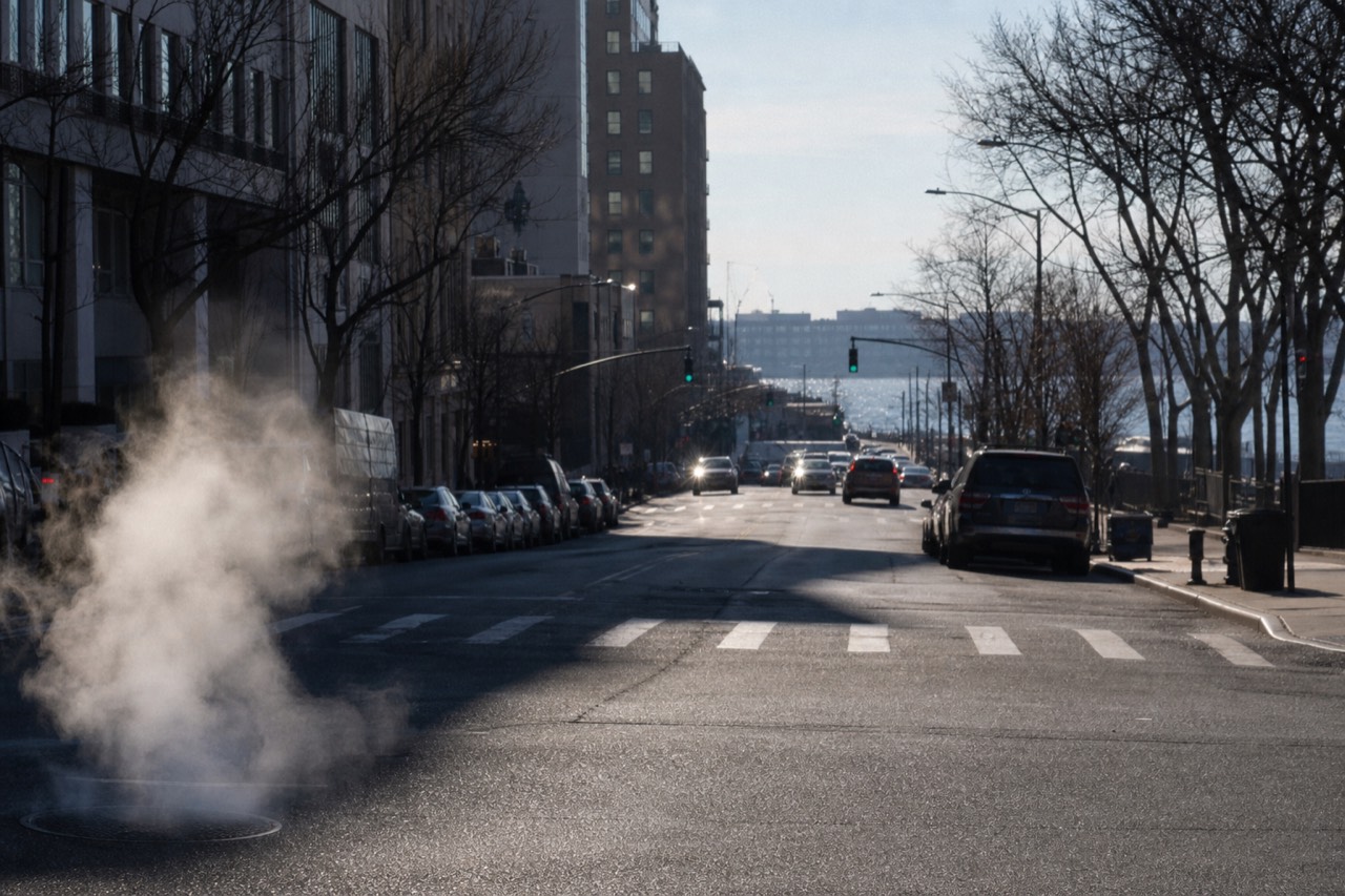 A wide Manhattan avenue on a clear January afternoon, long blue shadows across grey asphalt, steam rising from a street vent, bare trees along the kerb