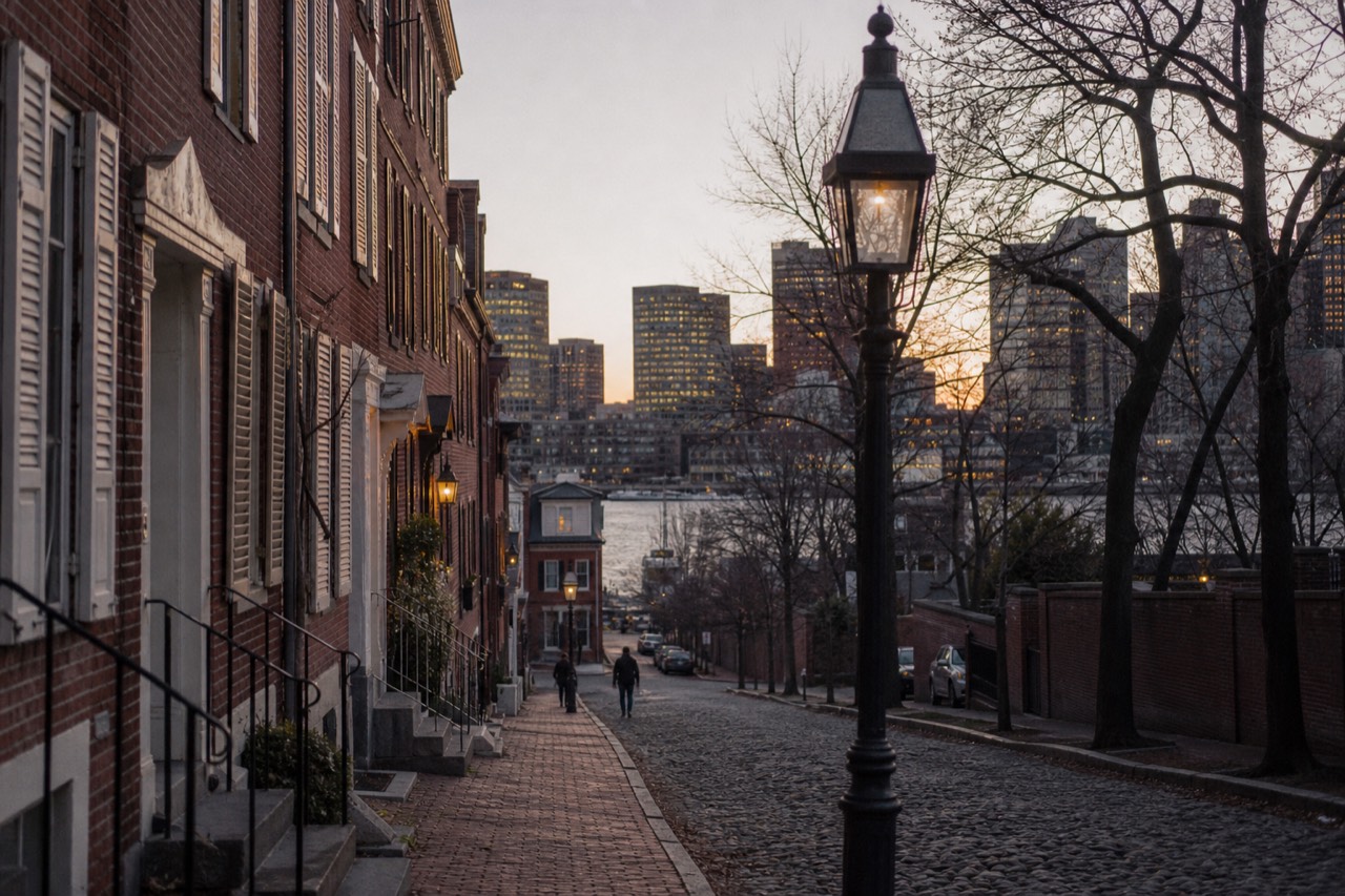 Red brick colonial buildings with white shutters along a cobbled historic street, cast-iron lampposts, bare-branch trees, low winter sun raking the facades