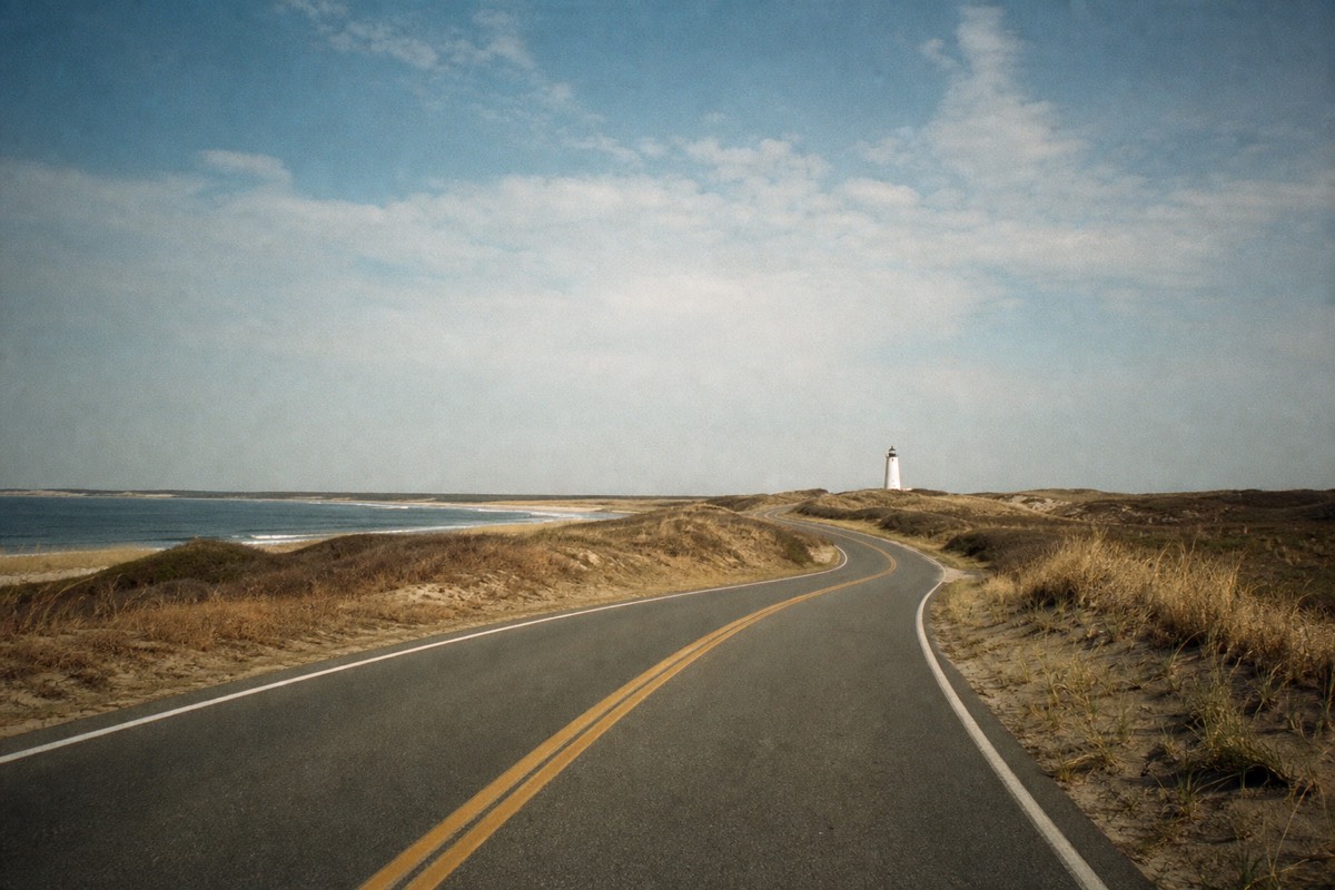 Two-lane coastal road curving past dunes and a distant lighthouse