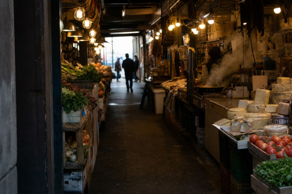A narrow indoor market aisle under warm hanging bulbs, crates of produce and stacked cheeses on a counter, steam drifting from a pan in the background.