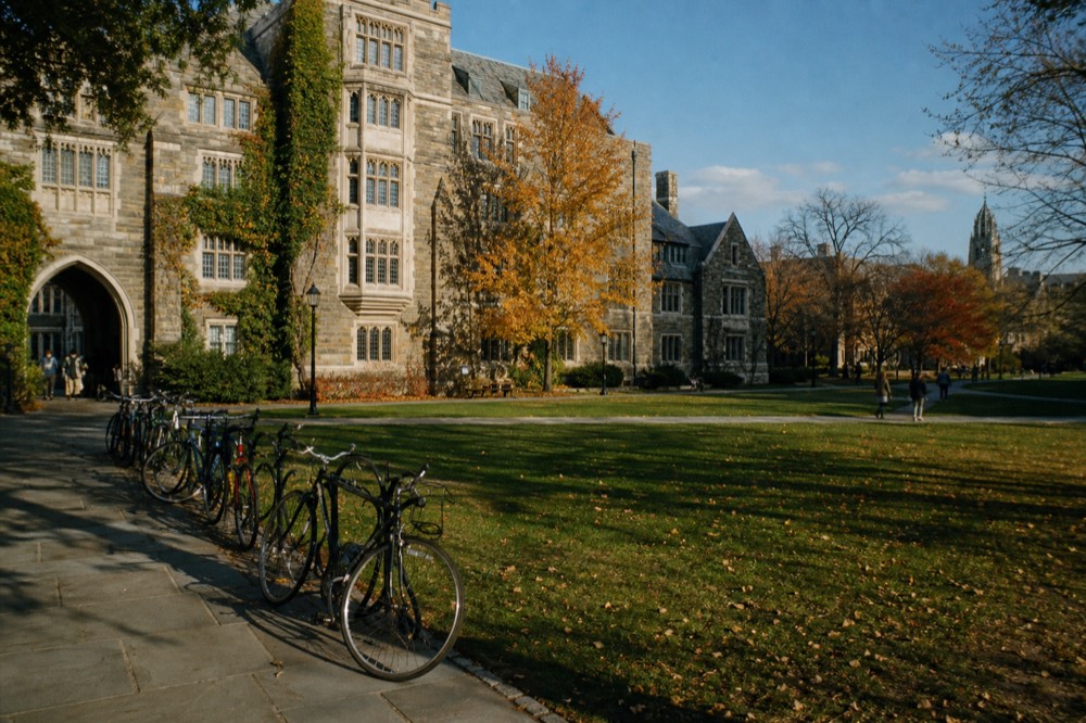 Ivy-covered stone university building with leaded windows behind a wide green quad, bicycles racked along a paved path, long late-afternoon shadows