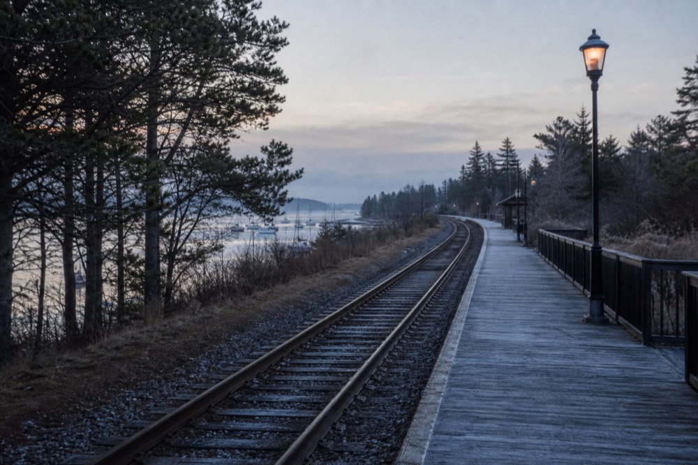 Empty commuter rail platform at dawn, single track curving away between tall pines, station lamp still burning against blue-grey light, frost on the boards