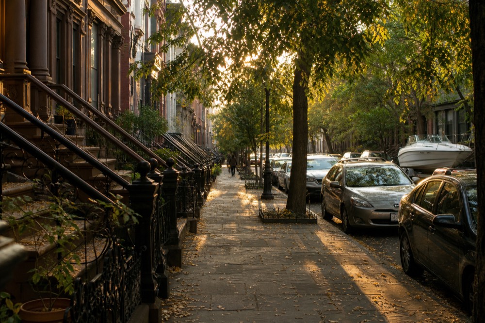 Row of brownstone stoops on a tree-lined side street in early autumn, black iron railings, fallen leaves scattered on bluestone paving, low golden light